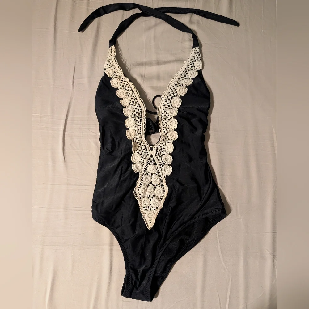 Black One-Piece Swimsuit with Cream Lace Detail - Picture 1 of 7